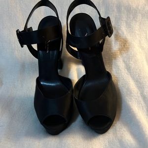 Nina New York size 10 black Satin 5”heels with open toe ankle strap